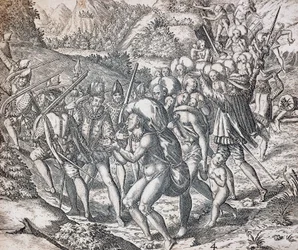 Natives being boarded onto ships to be taken to slavery in Seville, engraving by Theodor de Bry, Antilles