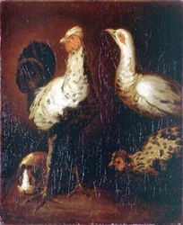 A cock, two hens and a guinea pig