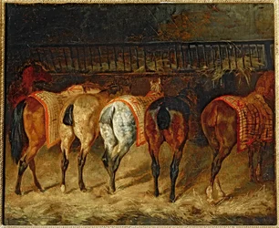 Five Horses Seen from Behind in a Stable