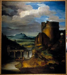 Great Landscape of Italy: Landscape of Ruins, Tower and Bridge, by Theodore Gericault (1791-1824) 19th Century