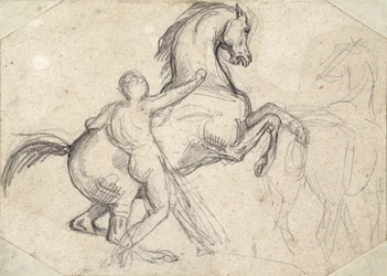 Rearing Stallion Held by a Nude Man