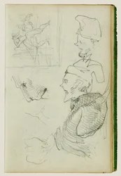 Studies of Lion, Compositional Group Figure Study, Two Caricature Head Studies