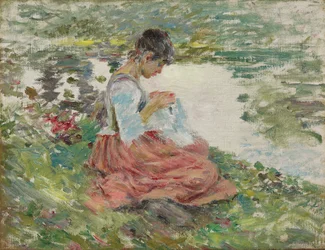 Girl Sewing by River, c.1891