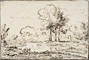 Landscape with Three Tall Trees by a Riverbank