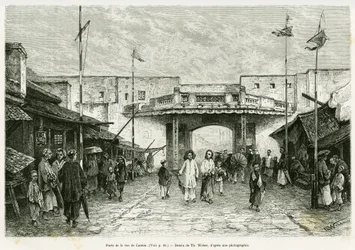 Canton Street Gate in Hanoi. Engraving of Th. Weber, from a photograph, to illustrate the story 