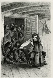 Portrait of the traveller author, playing the cello and attracting an audience of curious. Engraving by Th.Weber, to illustrate the story 