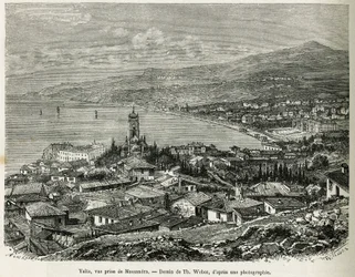 The city of Yalta, taken from Massandra, drawing by Th.Weber, to illustrate the story Four Months in Russia, in 1876, by F. De Mely. Engraving in Le tour du monde