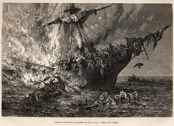 The fire of the Cospatrick, a British ship carrying more than 400 emigrants to New Zealand, on 19 November 1874, engraved after a drawing by T. Weber, illustrating the study of storms and voyages, by Mr. Zurcher and Mr. Margolle, in 1870-1874, published in
