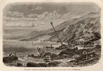 Tuna fishing in Proelucca Bay (Gulf of Fiume or Rijeka, Istria). Engraving illustrating a story about Dalmatia