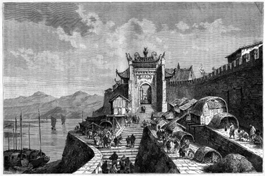 View of the Shanghai Gate on the Huangpu River, China in the Years 1870-1880. Engraving after a Drawing by Weber, in Le Tour du Monde, Nouveau Journal des Voyages, Edited by Edouard Charton, Paris