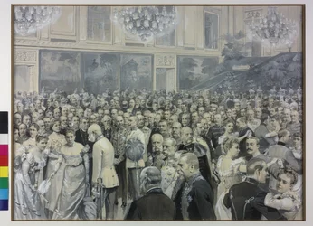 Emperor Franz Joseph hails Francisca Countess Sternberg-Larisch and Maria Theresia Countess Harrach Taxis