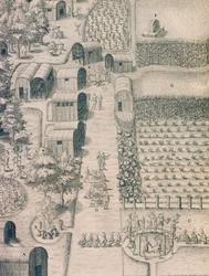 A native Indian village surrounded by cultivated land in Virginia