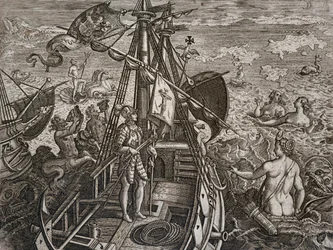 Allegory of the Journey of Christopher Columbus to the Discovery of the New World, engraving by Theodor de Bry