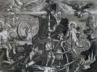 Allegory of voyages of Ferdinand Magellan, engraving