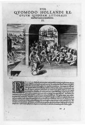 Arrival of the Dutch Leaders in Guinea: The Negotiation for the Purchase of Slaves Destined to be Sold Back to the Spanish Conquistadors, from "Petits Voyages", 1585-88