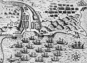Attack on Santiago on 27th November 1585 (engraving)