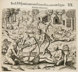 Because the Spanish thirst for gold, the Indians pour liquid gold into them. From: Americae pars qv