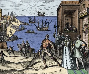 Christopher Columbus and the Pinzon brothers leaving the port of Palos in Spain on 03/08/1492 for the New World. Right The King and Queen of Portugal Catholic Ferdinand II of Aragon and Isabella I of Castile. Engraving by Theodore de Bry in Admirante