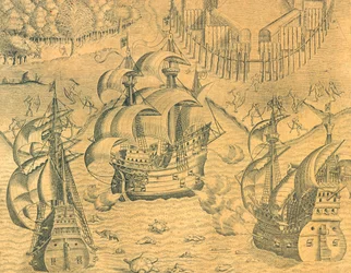 Clash Between French and Portuguese Ships in the Atlantic Ocean for possession of Brazil