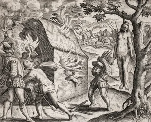 Description of crimes inflicted on Indians by Spanish settlers - Fire of an Indian village by the Conquistadors. Hanging - Engraving by Theodore de Bry in 