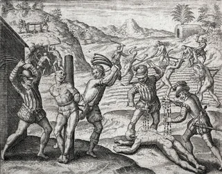 Description of Crimes Inflicted on Indians by Spanish Settlers - Spaniards Torturing Indians - Engraving by Theodore de Bry in 