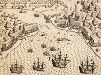 Dutch arriving at Madura Island, Java, engraving from work India Orientalis, by Theodor de Bry