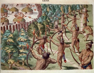 History of America: An Indian tribe attacks a village in Florida at night. Engraving from Admirante Narratio Americae by Theodore de Bry