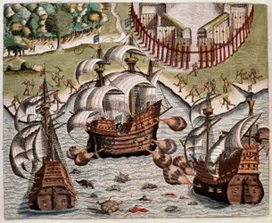 History of America: Battle between the Portuguese fleets and the French fleets off the coast of Brazil in the Potiguaran Seas. Recit of the voyages of Hans Staden, German explorer who left with the Spanish fleets to Brazil, captured by the Tupinamba