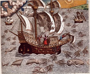 Journey of Spanish Caravels Surrounded by Flying Fish