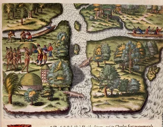 History of America: The French of the expedition of Jean Ribault settled in Charlesfort provide food to the Florida Indians, alligators are represented in the rivers. Engraving from 