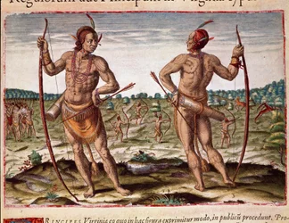 History of America: Two inhabitants of Virginia, Indian weapons of arrows and bow. Engraving from Admirante Narratio Americae by Theodore de Bry (1528-1598)