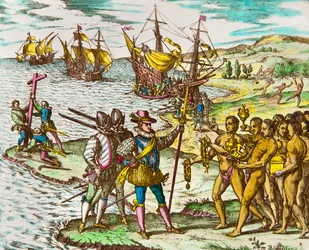 History of America: the explorer Christopher Columbus is welcomed by the Indians on his arrival in the New World (Engraving by Theodore De Bry)