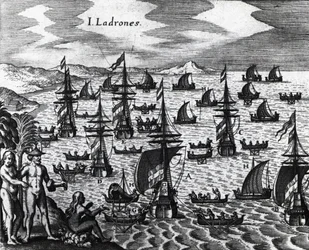 Islands of Thieves, engraving from Peregrinationes, by Theodor de Bry. 16th century