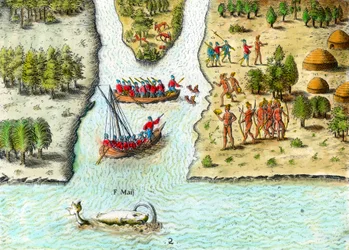 Navigation of the French in South America in the 16th century. A whale is represented. Engraving from History of America by Theodore De Bry
