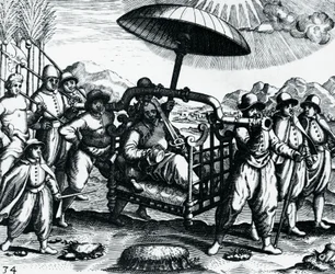 Portuguese in India, being transported on litter, engraving from Peregrinationes