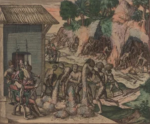 Slaves pour ore in front of European soldiers. In the background, slaves work in the mines