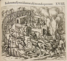 Some Indians Are Killed, Some Perish in a Fire. From: Americae Pars Qvarta