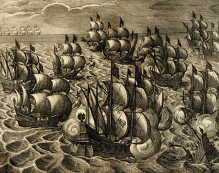 Spanish Armada command of Rodrigo Mendoza, engraving from History of America