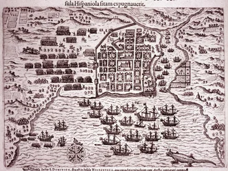 The Francis Drake fleet occupies the island of Santo Domingo (Engraving)