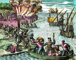 The French plunder and burn the city of Chioreran. Engraving from 