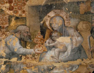 Madonna with Child, One of the Three Holy Kings Tends a Golden Cup to the Child