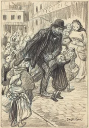 A Man on a City Street, Surrounded by Children (A Father)