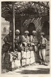 An Armenian cafe, a place of masculine conviviality, to drink coffee and smoke the pipe, engraving after a drawing by the author, illustrating the journey in Lazistan and Armenia