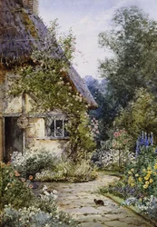 A Cottage Garden with a Cat in the Foreground; and a Cottage Border in Summer