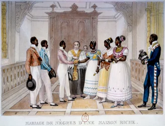 Wedding of a Rich House, Lithography by Thierry Freres from "Voyage Picturesque et Historique au Brazil" by Jean Baptiste Debret (1768-1848) 1839 Paris, B.N.