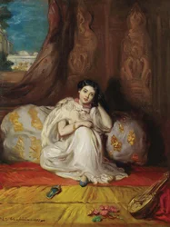 Young Moorish girl, seated in a rich interior, Almée, 1853.