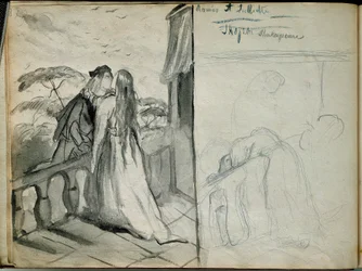 Romeo and Juliet Illustration of the piece of the same name by William Shakespeare (1564-1616) representing lovers kissing on the balcony. Sketch by Theodore Chasseriau (1819-1856) Paris. Louvre Museum