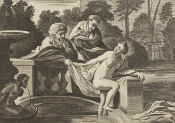 Susanna, Partly Naked and Stepping Out of a Fountain with Two Elders at Left