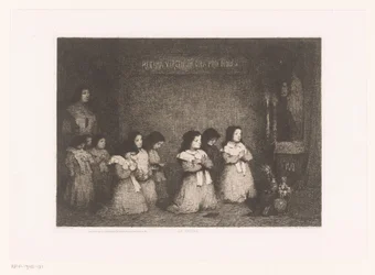 Group of Girls Praying Before a Statue of Mary (The Prayer) (Modern Etchings: Original and Unpublished series)