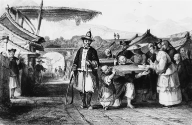 Punishment using tcha or cangue, engraving by Thomas Allom from Chinese Empire